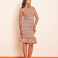 Printed bobbin elastic mini dress with detailed ruffles
