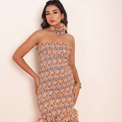 Printed bobbin elastic mini dress with detailed ruffles