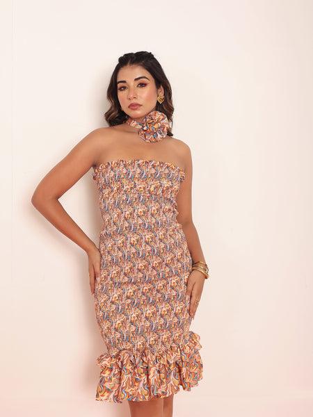 Printed bobbin elastic mini dress with detailed ruffles