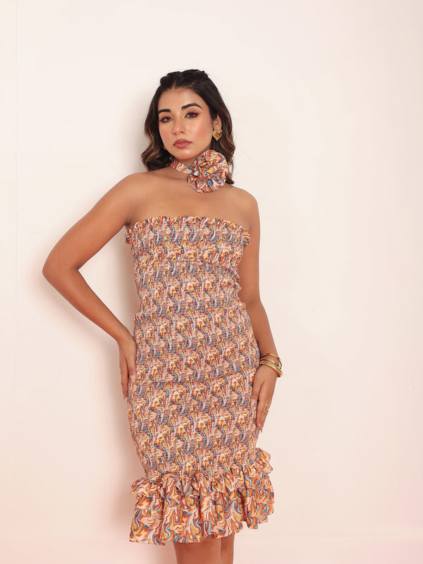 Printed bobbin elastic mini dress with detailed ruffles