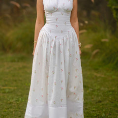 Women’s White Printed Lace-Up Maxi Dress