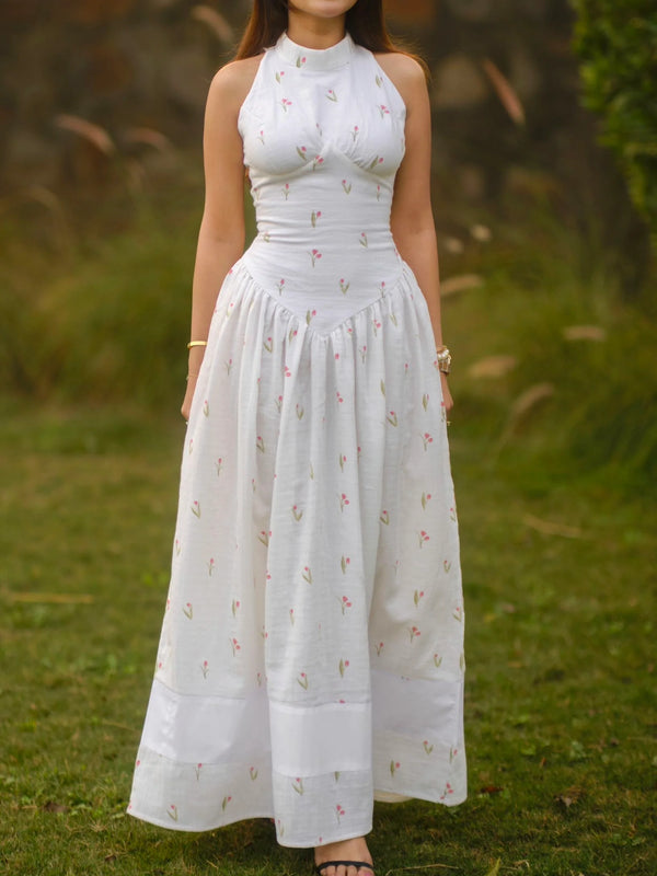 Women’s White Printed Lace-Up Maxi Dress