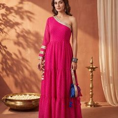 Pink Leheriya One-Shoulder Tiered Maxi Dress