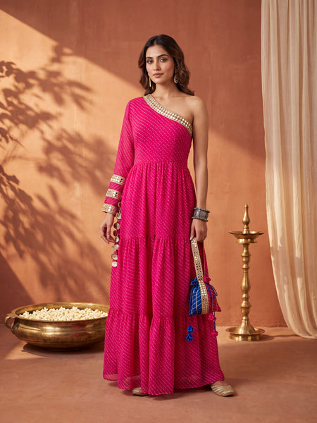 Pink Leheriya One-Shoulder Tiered Maxi Dress