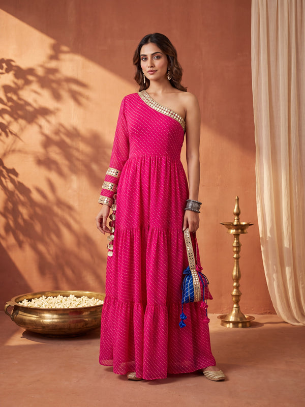 Pink Leheriya One-Shoulder Tiered Maxi Dress