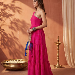 Pink Leheriya One-Shoulder Tiered Maxi Dress