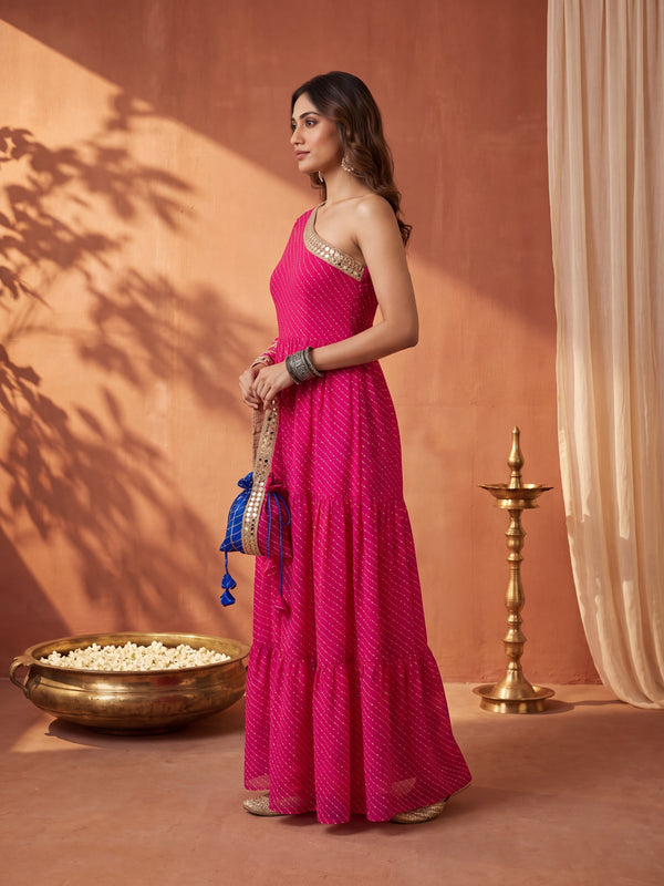 Pink Leheriya One-Shoulder Tiered Maxi Dress