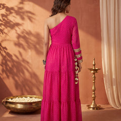 Pink Leheriya One-Shoulder Tiered Maxi Dress