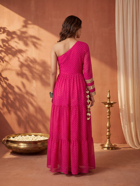 Pink Leheriya One-Shoulder Tiered Maxi Dress