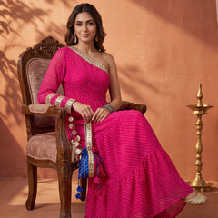 Pink Leheriya One-Shoulder Tiered Maxi Dress