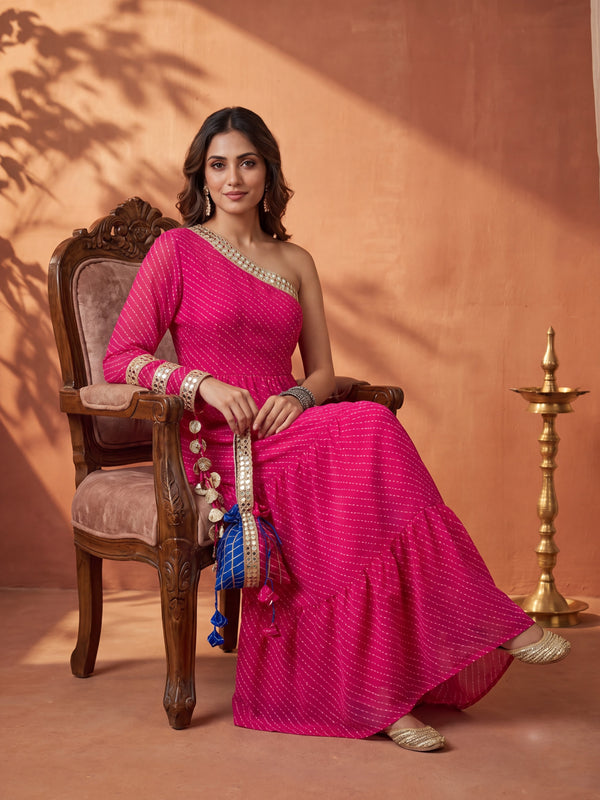 Pink Leheriya One-Shoulder Tiered Maxi Dress