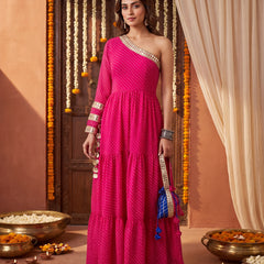 Pink Leheriya One-Shoulder Tiered Maxi Dress