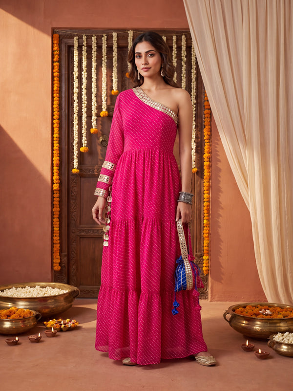Pink Leheriya One-Shoulder Tiered Maxi Dress