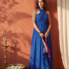 Blue Leheriya Statement Halter Maxi Dress