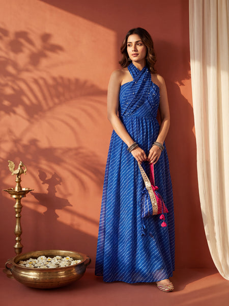 Blue Leheriya Statement Halter Maxi Dress