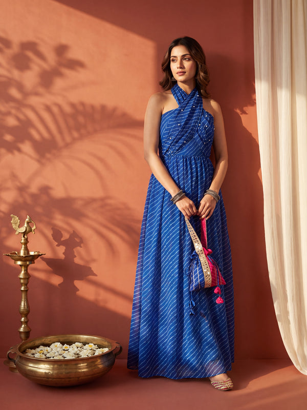 Blue Leheriya Statement Halter Maxi Dress