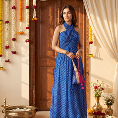 Blue Leheriya Statement Halter Maxi Dress