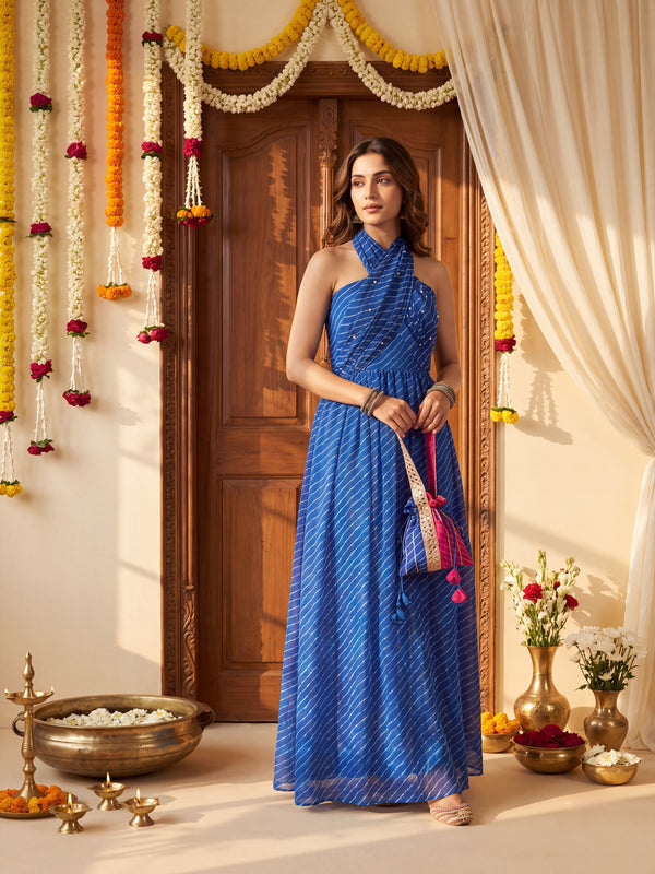 Blue Leheriya Statement Halter Maxi Dress
