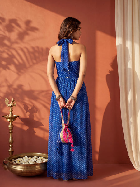 Blue Leheriya Statement Halter Maxi Dress