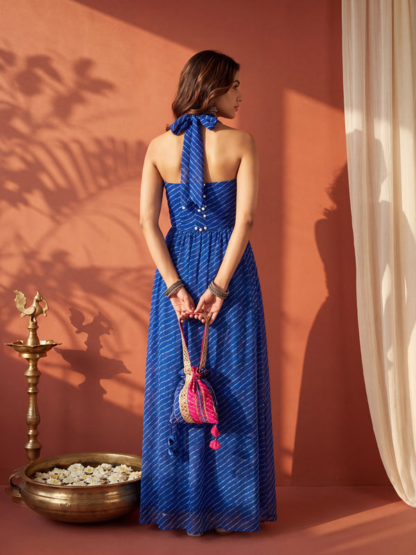 Blue Leheriya Statement Halter Maxi Dress
