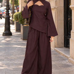 Women’s Chocolate Brown Co-Ord Set with Bell Sleeves & Keyhole Neck – Elegant Wide-Leg Trouser Set