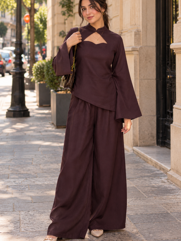 Women’s Chocolate Brown Co-Ord Set with Bell Sleeves & Keyhole Neck – Elegant Wide-Leg Trouser Set