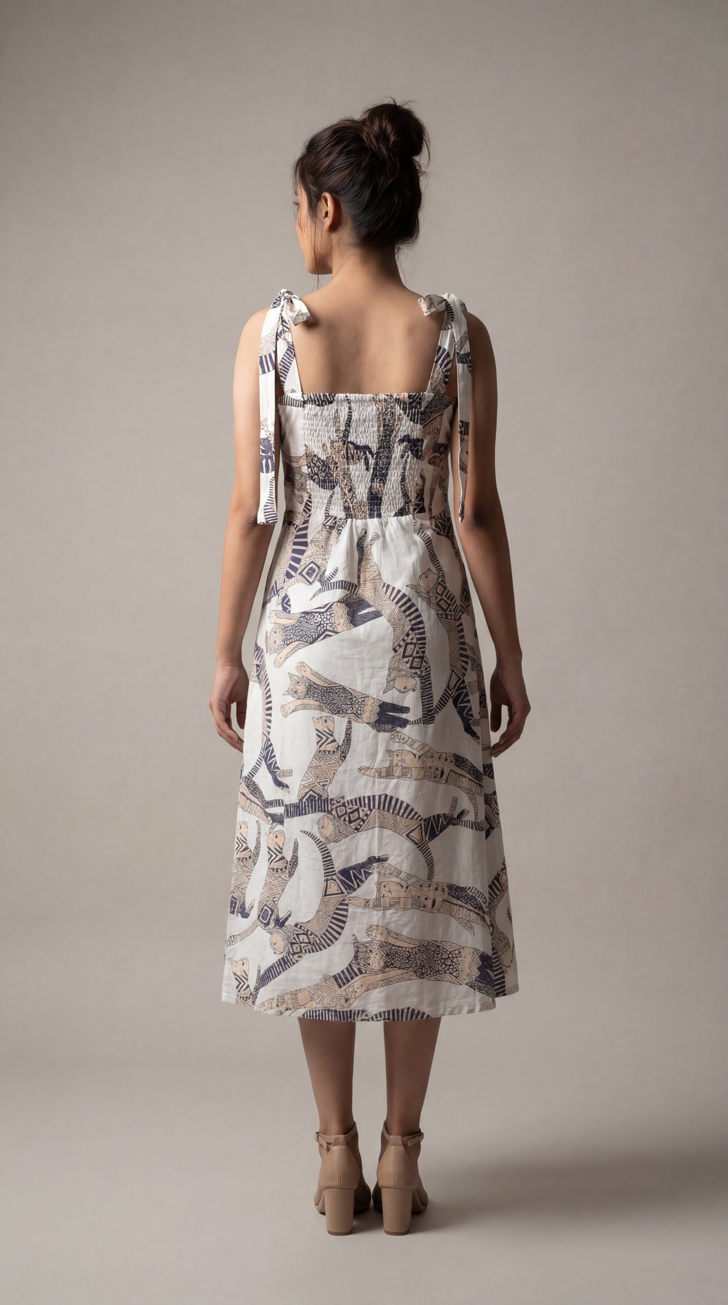 White Cat Printed Midi Dress