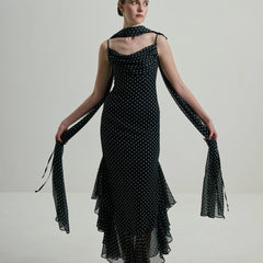 Midnight Polka Dot Draped Cowl-Neck Maxi Dress