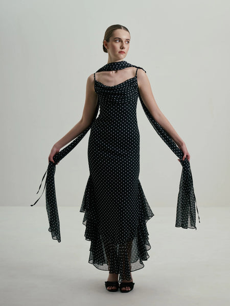 Midnight Polka Dot Draped Cowl-Neck Maxi Dress