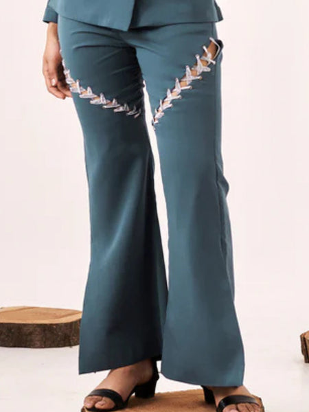 Solid embellished blue boot-cut pant
