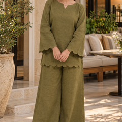 Olive Green Textured Kurta Palazzo Set with Scalloped Detailing