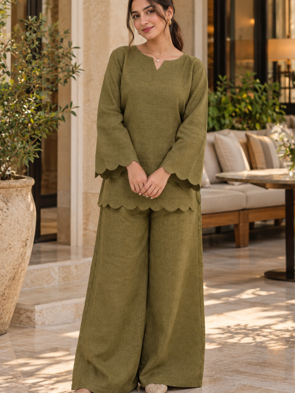 Olive Green Textured Kurta Palazzo Set with Scalloped Detailing