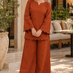 Rust Orange Rayon Kurta Palazzo Set with Scalloped Hemline