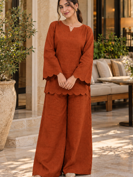 Rust Orange Rayon Kurta Palazzo Set with Scalloped Hemline