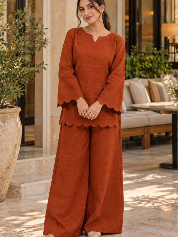 Rust Orange Rayon Kurta Palazzo Set with Scalloped Hemline