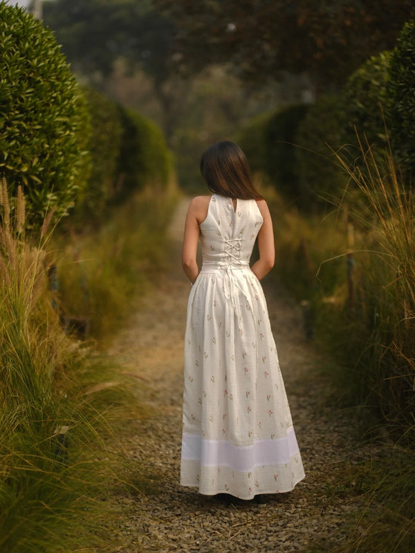 Women’s White Printed Lace-Up Maxi Dress