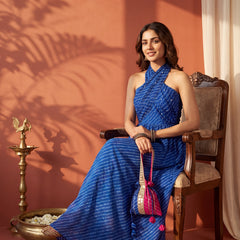 Blue Leheriya Statement Halter Maxi Dress