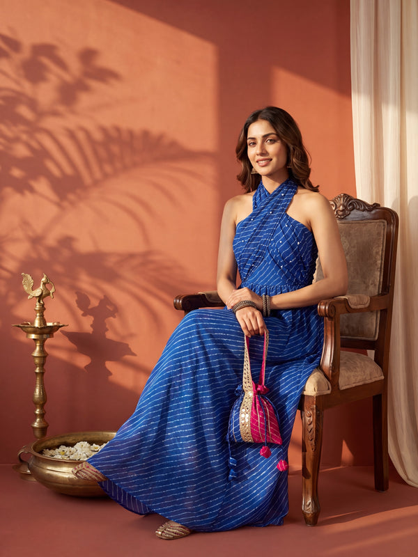 Blue Leheriya Statement Halter Maxi Dress