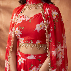 Floral Printed Multi Styling Crystal Embellished Cape Set with Pallazo and Choli