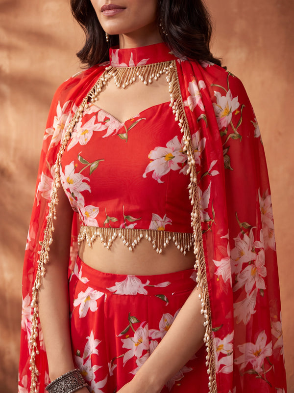 Floral Printed Multi Styling Crystal Embellished Cape Set with Pallazo and Choli