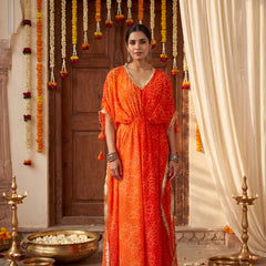 Orange Ombre Bandhani Kaftan with Detailing
