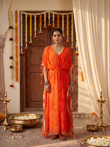 Orange Ombre Bandhani Kaftan with Detailing