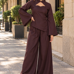Women’s Chocolate Brown Co-Ord Set with Bell Sleeves & Keyhole Neck – Elegant Wide-Leg Trouser Set