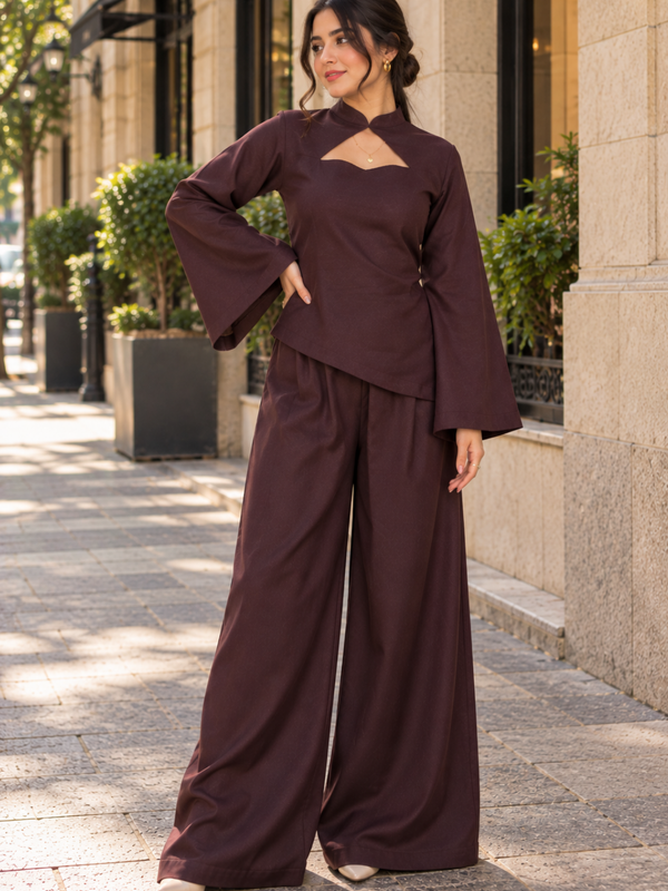 Women’s Chocolate Brown Co-Ord Set with Bell Sleeves & Keyhole Neck – Elegant Wide-Leg Trouser Set