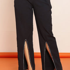 Black rhinestone slited straight pant