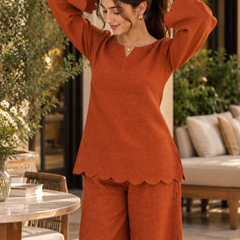 Rust Orange Rayon Kurta Palazzo Set with Scalloped Hemline