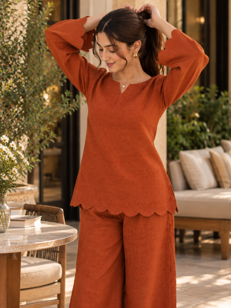 Rust Orange Rayon Kurta Palazzo Set with Scalloped Hemline