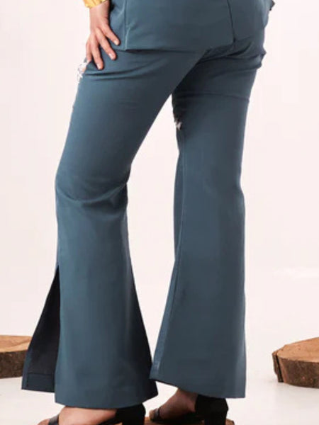 Solid embellished blue boot-cut pant