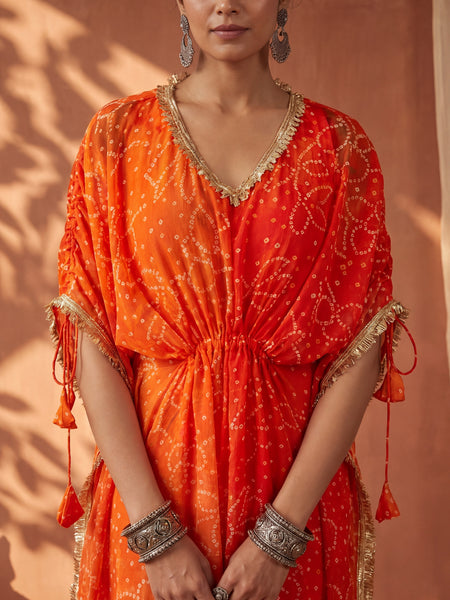 Orange Ombre Bandhani Kaftan with Detailing