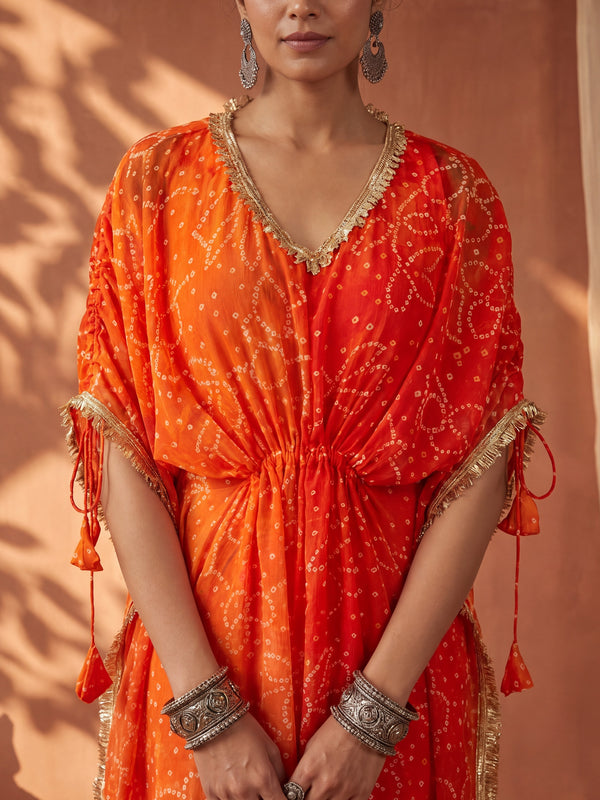 Orange Ombre Bandhani Kaftan with Detailing
